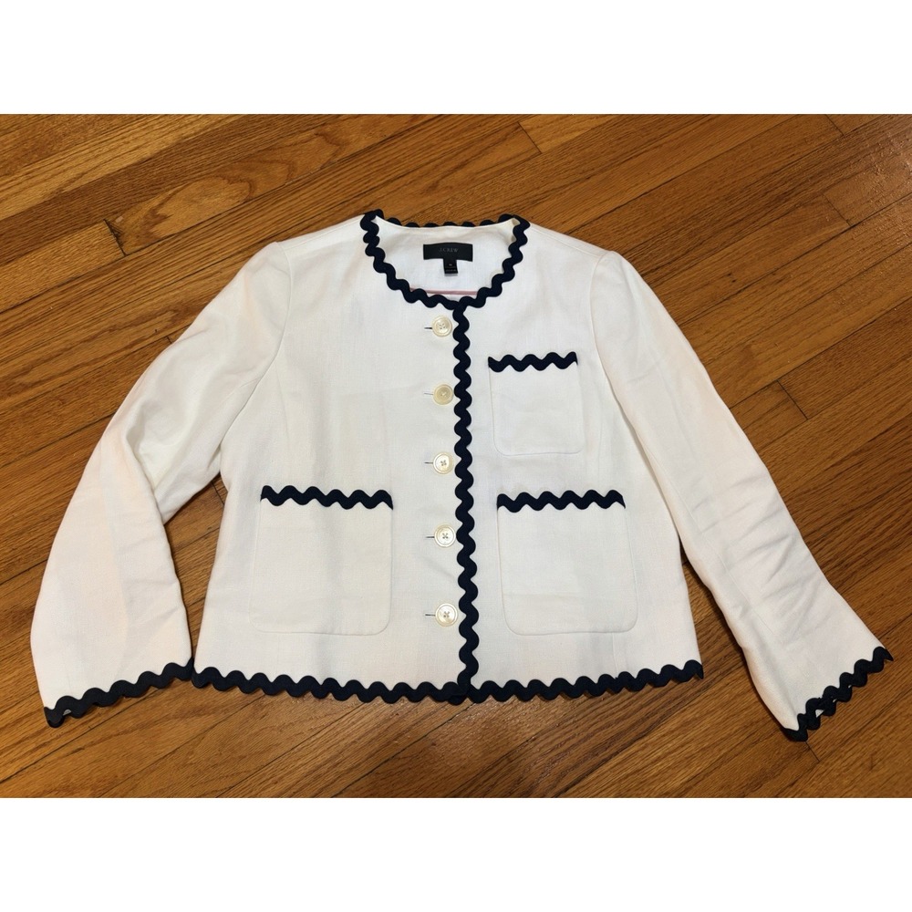 J Crew Lady Linen Jacket 10 Women Preppy Feminine Rickrack Trim Button Front